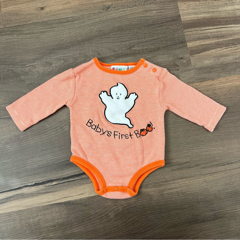 Vtg Miniwear Orange & White Halloween Ghost "Baby's First Boo" Onesie 3/6 Months